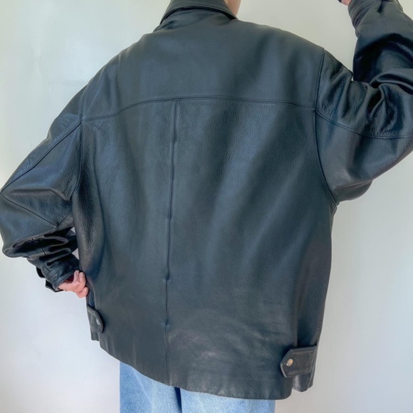 Vintage 80s/90s Black Collared Leather Aviator Bomber Jacket ✨ - Picture 6 of 7